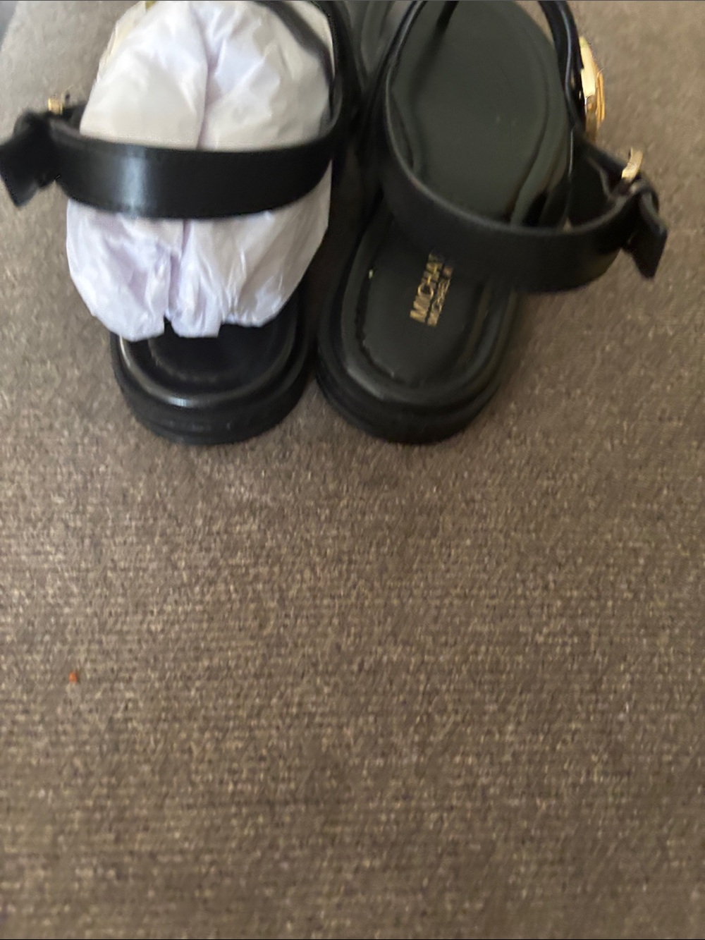 Michael Kors Black Leather T-Strap Sandals with Gold Logo - Picture 6 of 6